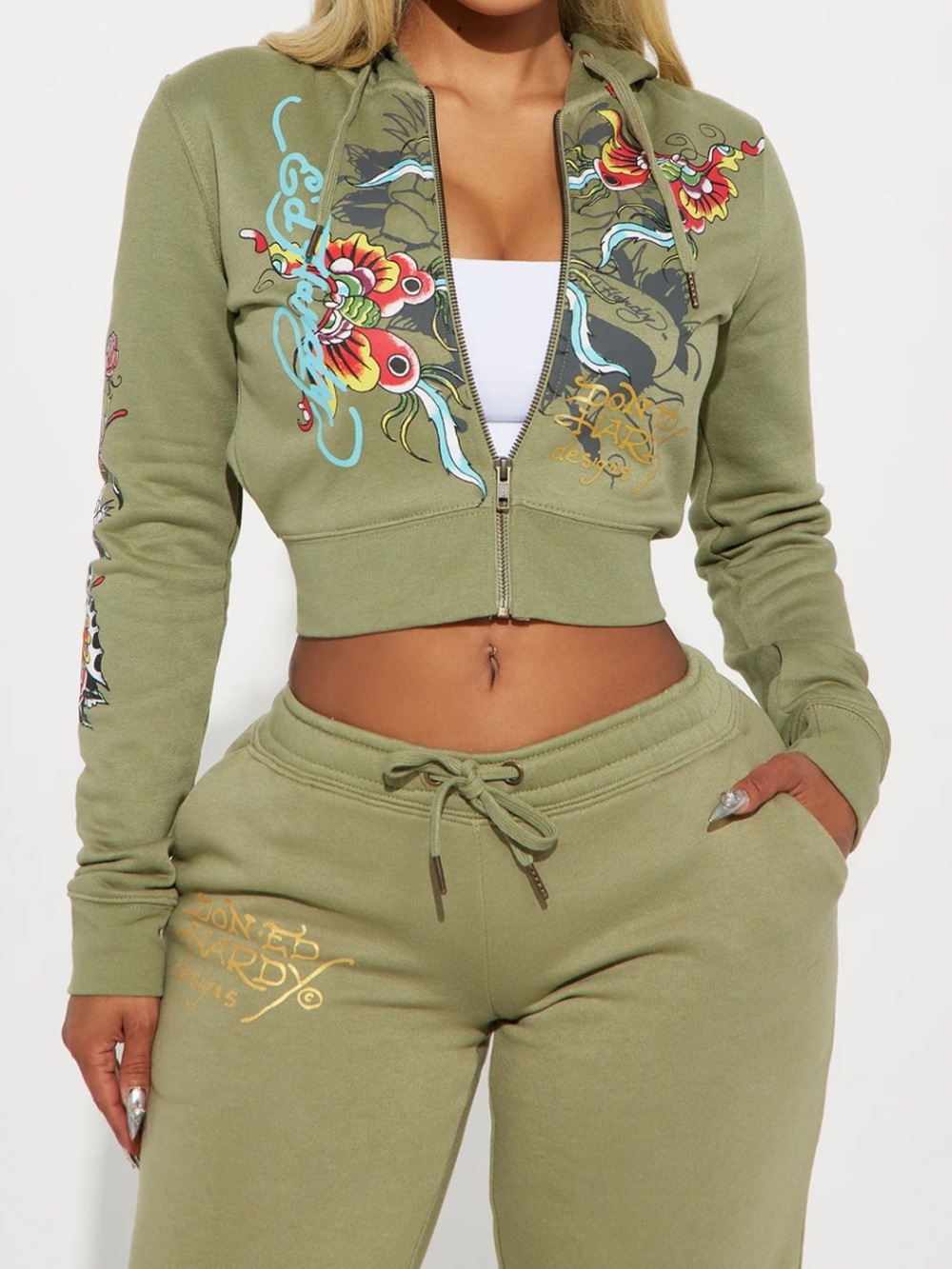 Ed Hardy Sage Cropped Zip Hoodie with Multicolor Embroidery NWOT